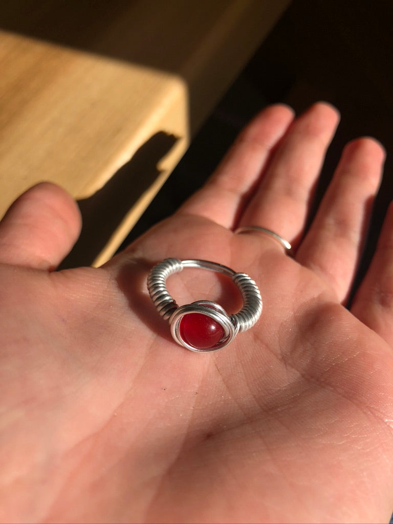 Red Malaysian Jade Wire Ring Silver