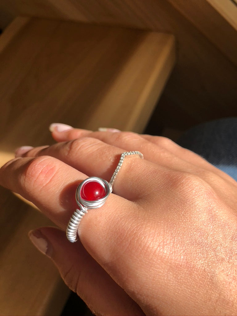 Red Malaysian Jade Wire Ring Silver