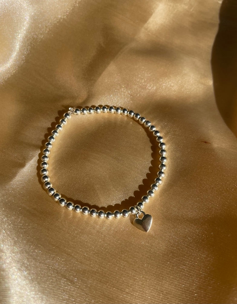 Silver Beaded Bracelet with Small Heart Charm