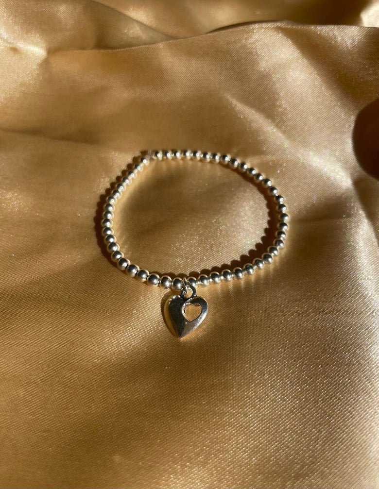 Silver Beaded Bracelet with Heart Charm