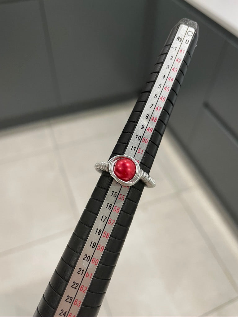 Red Pearl Bead Silver Wire Ring