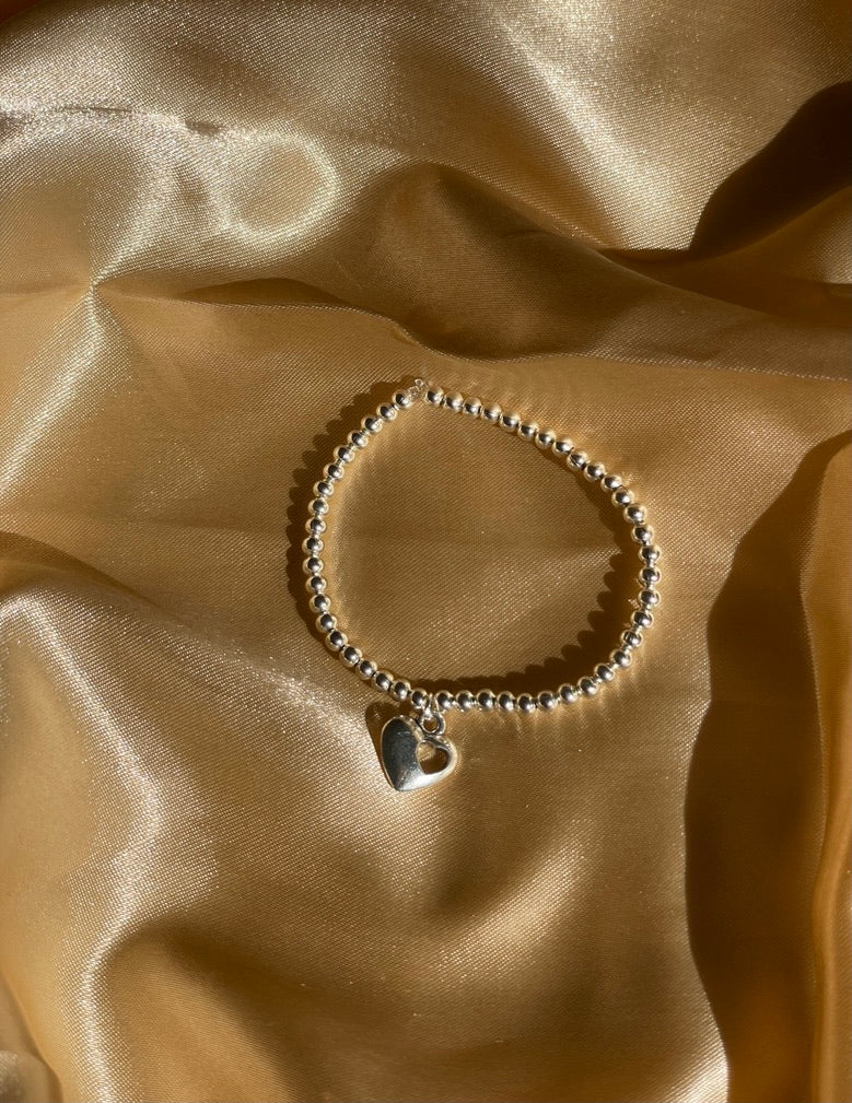 Silver Beaded Bracelet with Heart Charm
