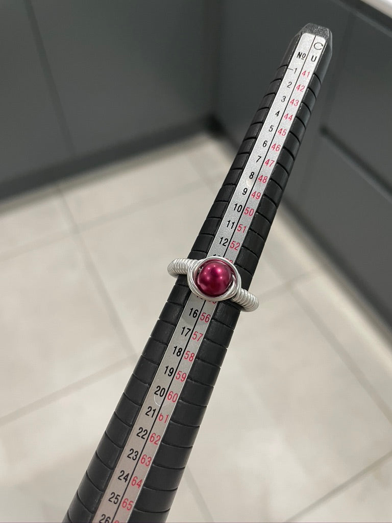 Dark Red Pearl Bead Silver Wire Ring