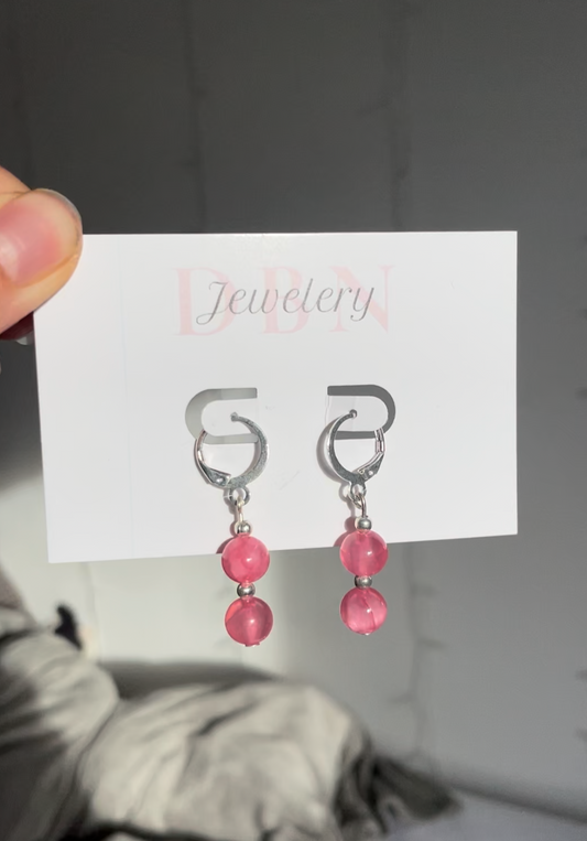 Silver Double Pink Jade Earrings