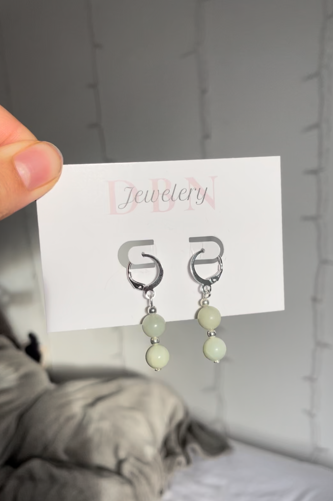 Silver Double Sage Green Bead Earrings