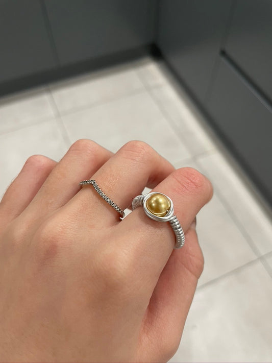 Gold Pearl Bead Silver Wire Ring