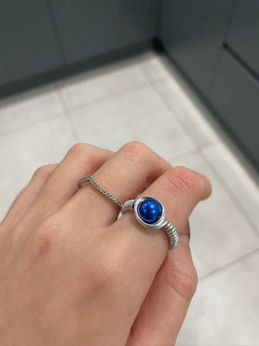 Blue Pearl Bead Silver Wire Ring