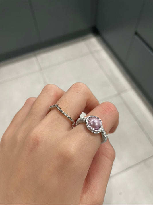 Lilac Pearl Bead Silver Wire Ring