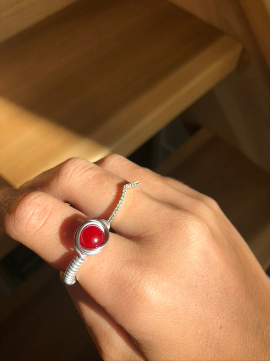 Red Malaysian Jade Wire Ring Silver