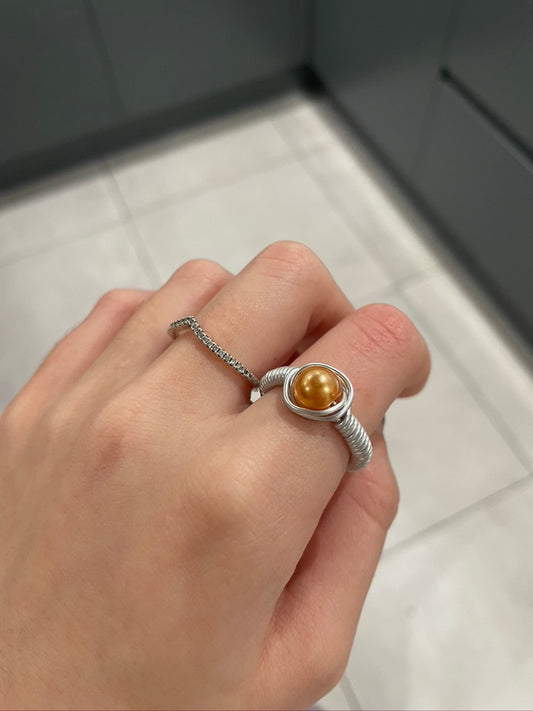 Orange Pearl Bead Silver Wire Ring