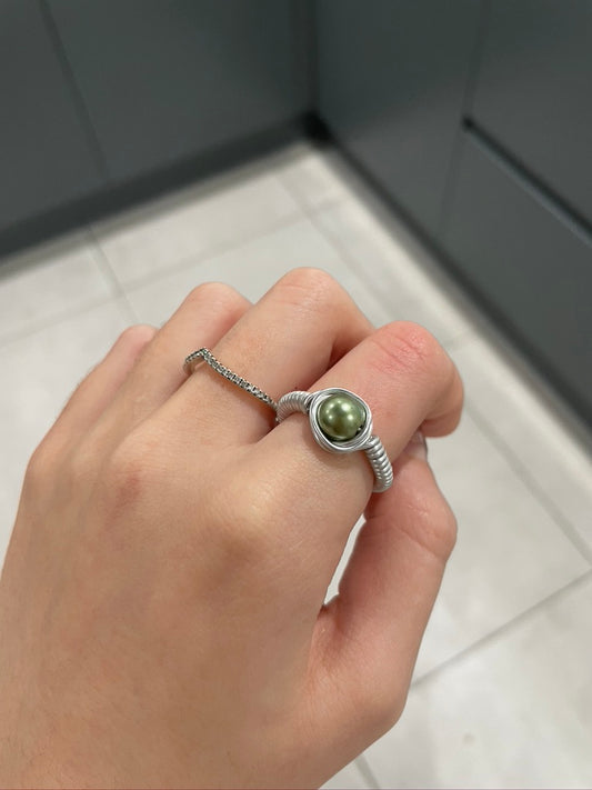 Khaki Pearl Bead Silver Wire Ring