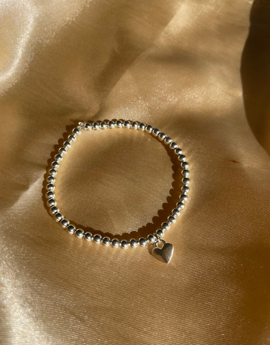 Silver Beaded Bracelet with Small Heart Charm