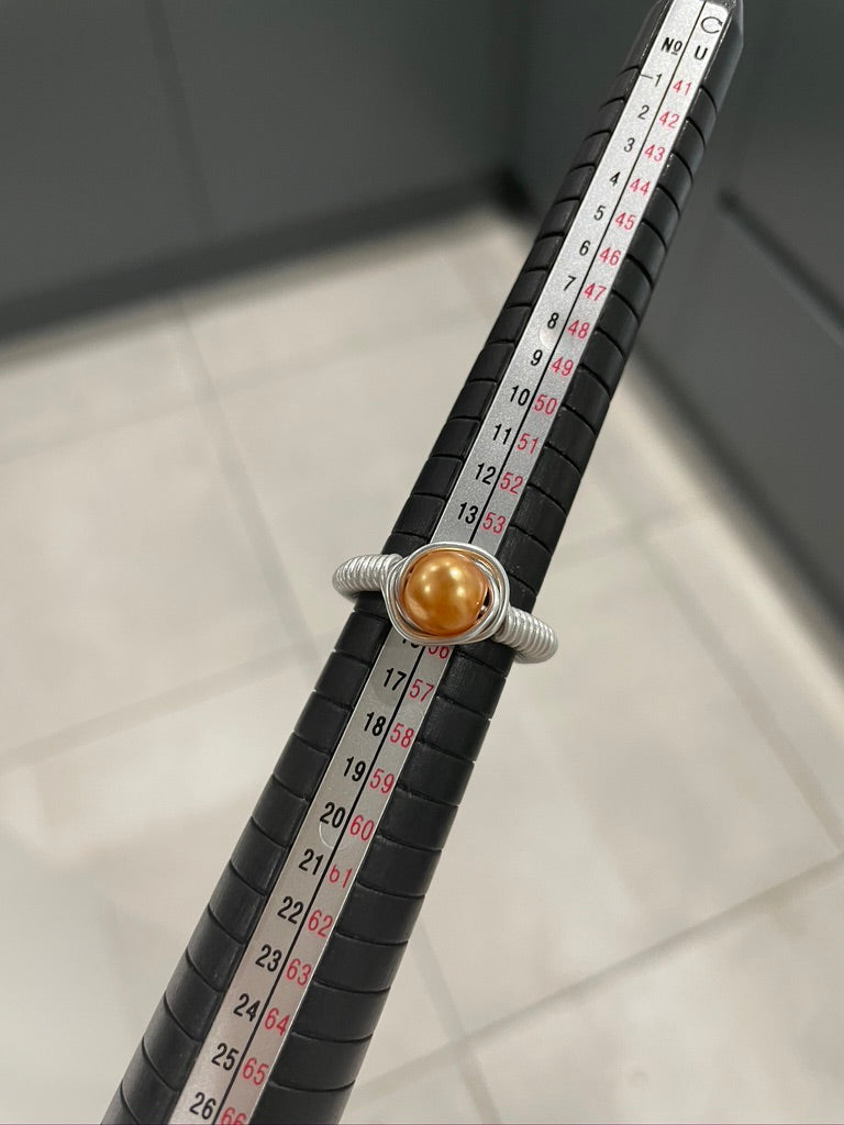 Orange Pearl Bead Silver Wire Ring