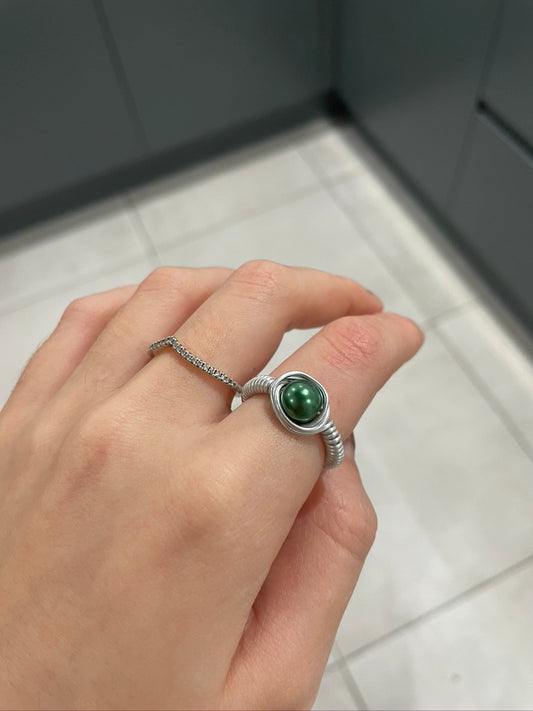 Dark Green Pearl Bead Silver Wire Ring