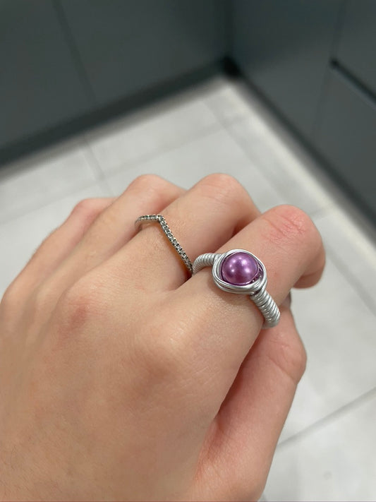 Purple Pearl Bead Silver Wire Ring