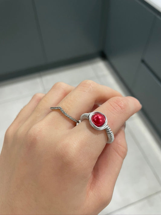 Red Pearl Bead Silver Wire Ring