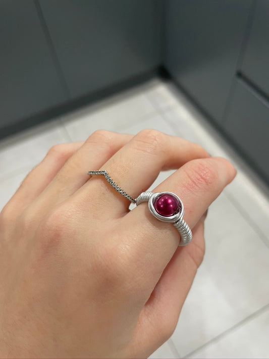 Dark Red Pearl Bead Silver Wire Ring
