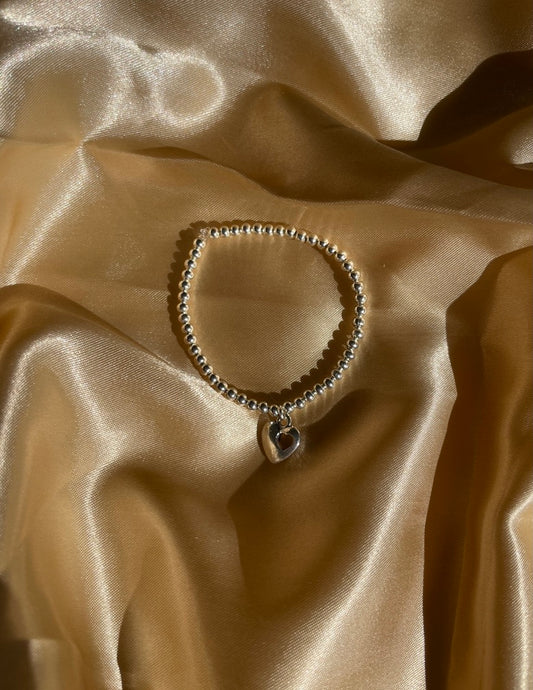 Silver Beaded Bracelet with Heart Charm