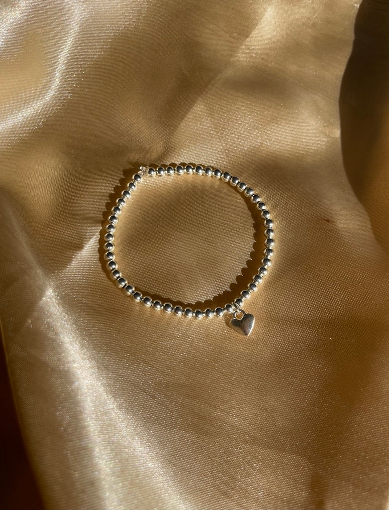 Silver Beaded Bracelet with Small Heart Charm