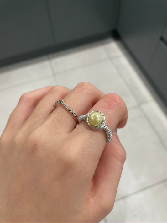 Yellow Pearl Bead Silver Wire Ring