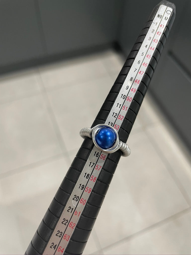 Blue Pearl Bead Silver Wire Ring