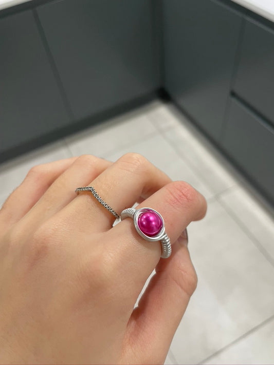 Pink Pearl Bead Silver Wire Ring